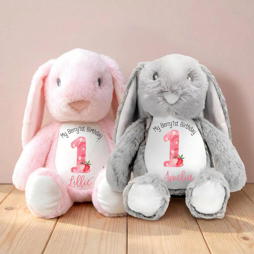 Personalised 1st Birthday Bunny, First Birthday Gift Teddy, Strawberry 1st Birthday Present, Personalised Berry 1st Birthday Girls Soft Toy