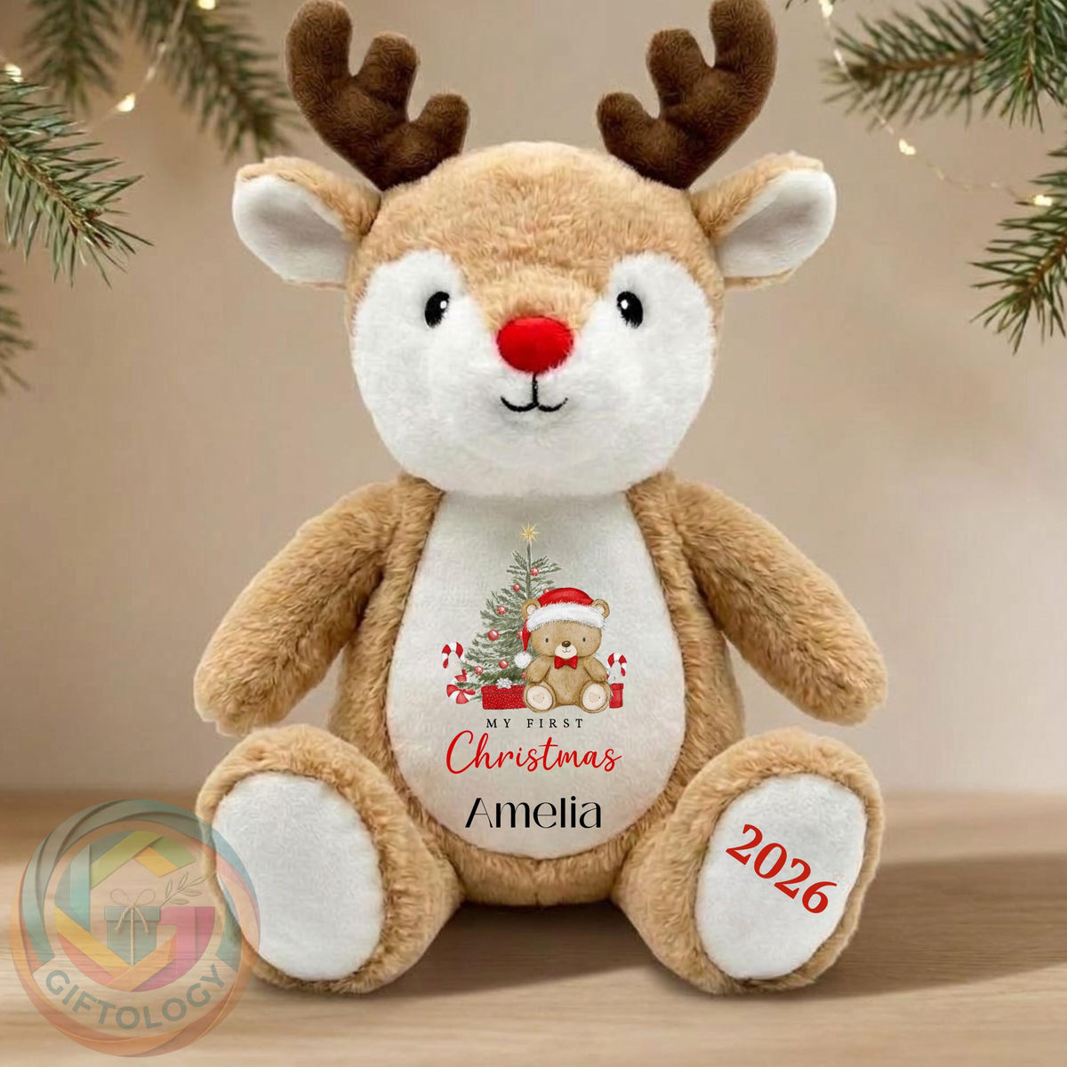 Personalised  1st Christmas Reindeer Teddy, Custom Name Christmas Plush Toy