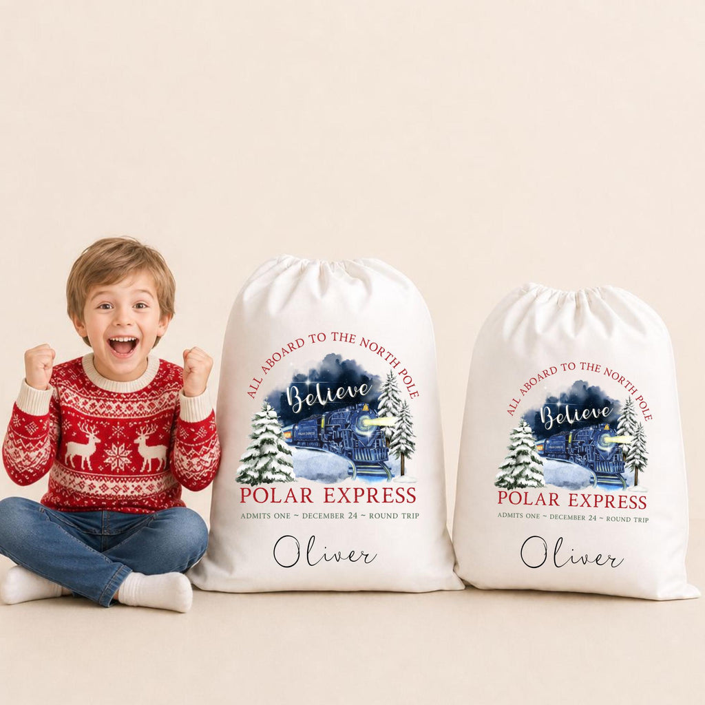 Personalised Santa Sack, Polar Train Christmas, Present Sack, Christmas Sacks, Christmas Eve Box, First Christmas, Christmas Stocking