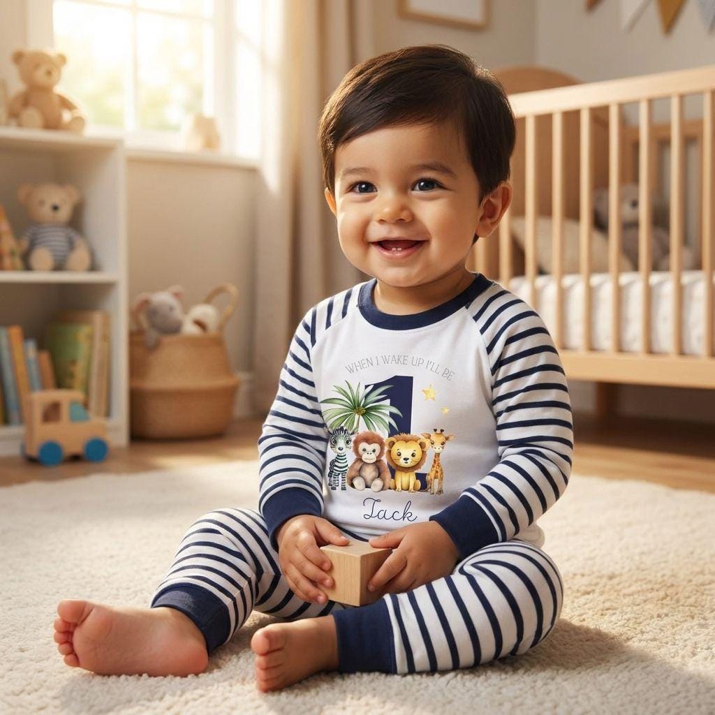 1st Birthday Pyjamas, Personalised Baby Pjs, Blue First Birthday Outfit, 12 month baby Boy, Cake smash outfit, Custom name pyjamas