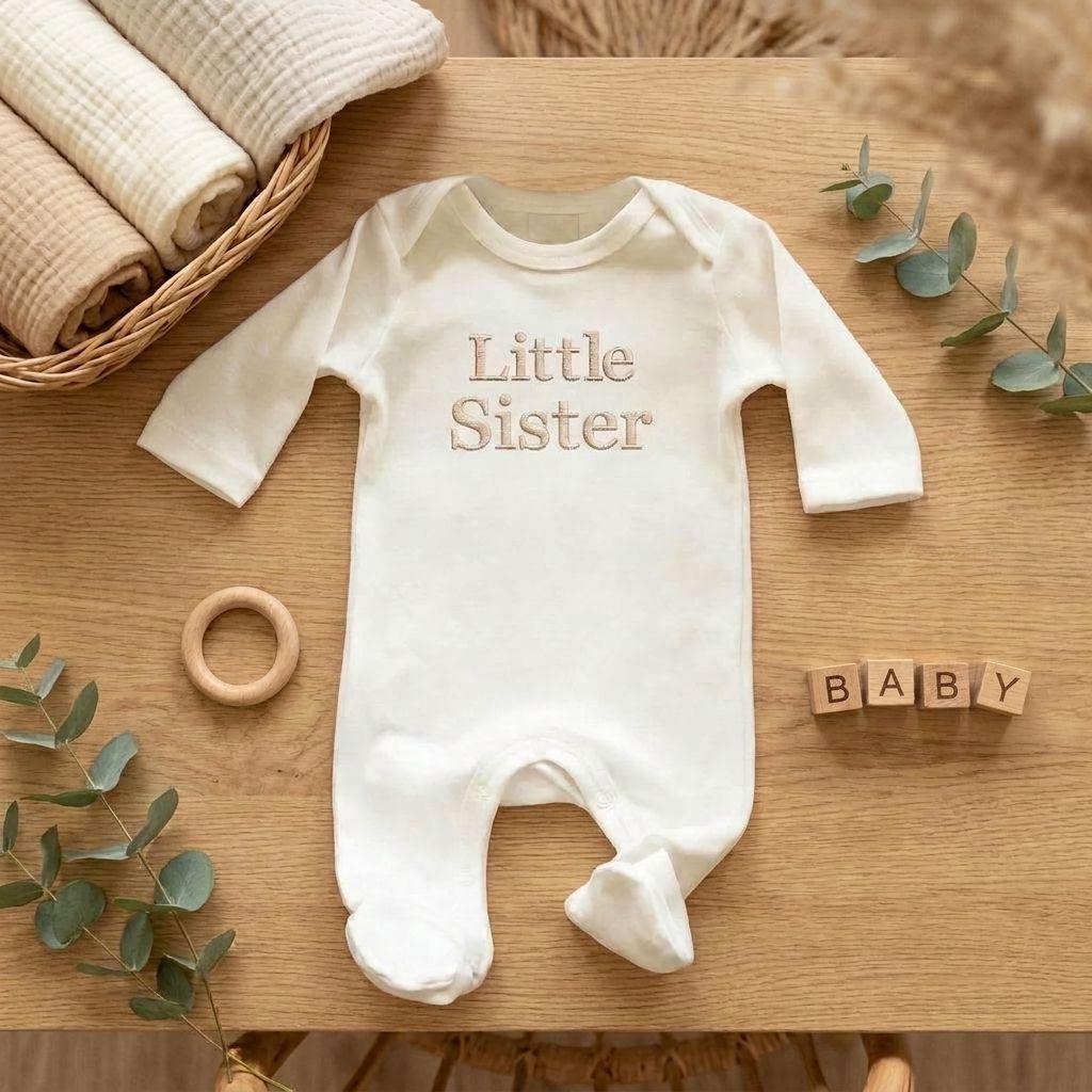 Embroidered Little Sister Sleepsuit: Cotton Babygrow
