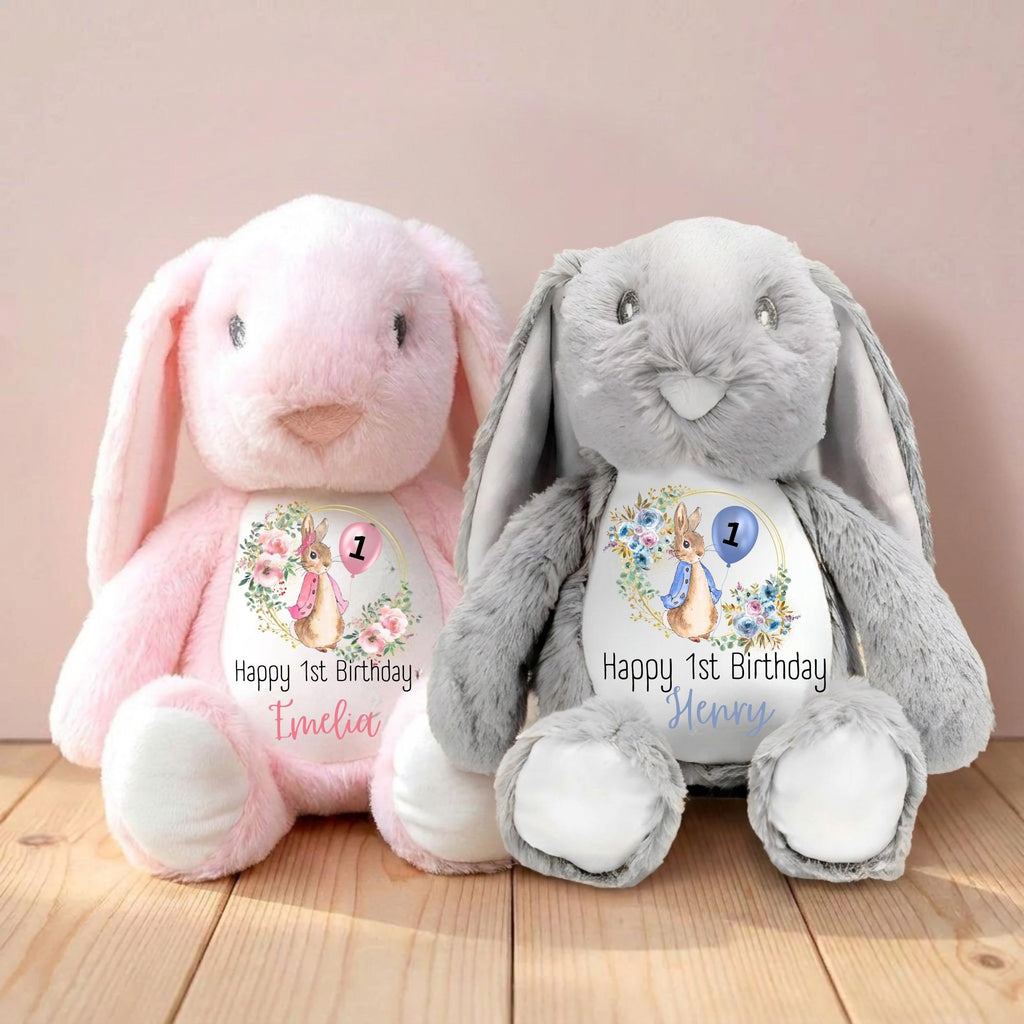 Personalised First Birthday Gift, 1st Birthday Custom Name Bunny Soft Toy Keepsake