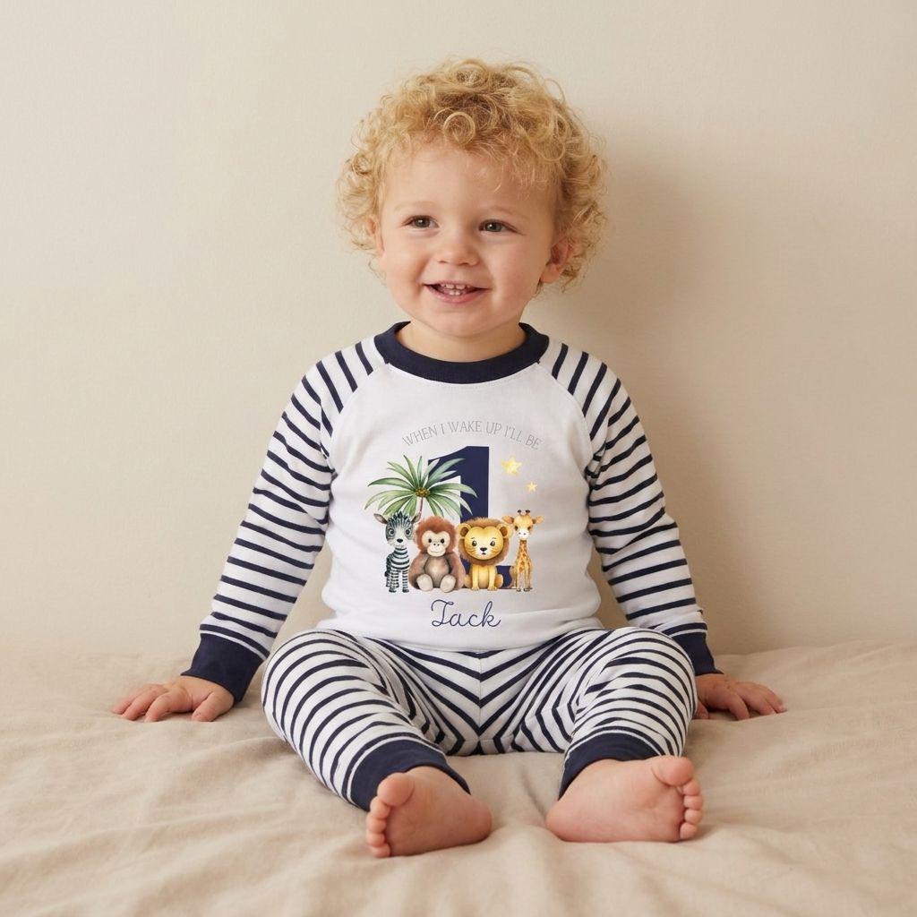 1st Birthday Pyjamas, Personalised Baby Pjs, Blue First Birthday Outfit, 12 month baby Boy, Cake smash outfit, Custom name pyjamas
