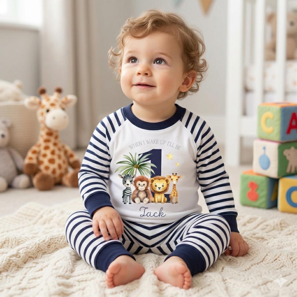 1st Birthday Pyjamas, Personalised Baby Pjs, Blue First Birthday Outfit, 12 month baby Boy, Cake smash outfit, Custom name pyjamas