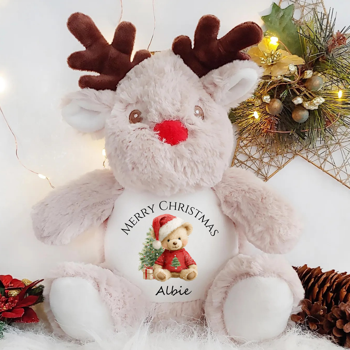 Personalised Reindeer Teddy, Custom Name Christmas Plush Toy - Teddy Design