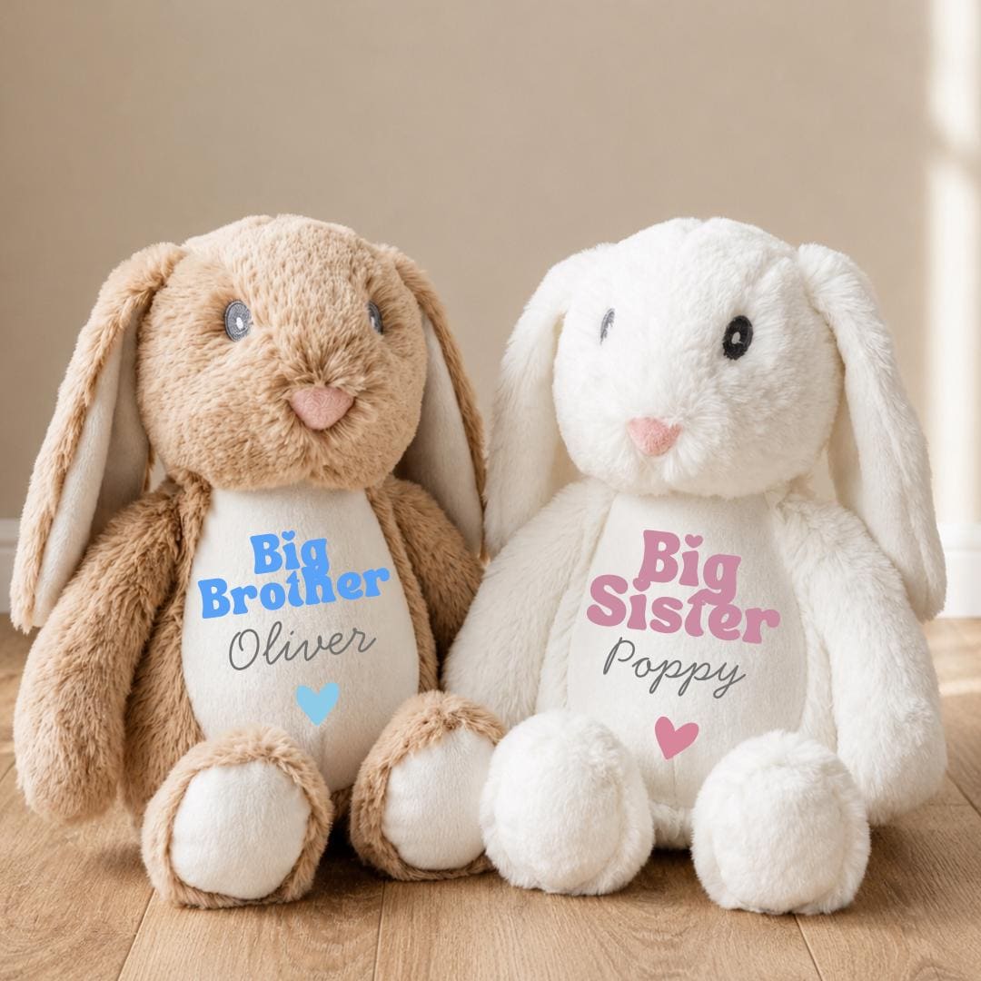 Personalised Bunny Plush Toy – Big Sister, Little Brother Announcement Keepsake