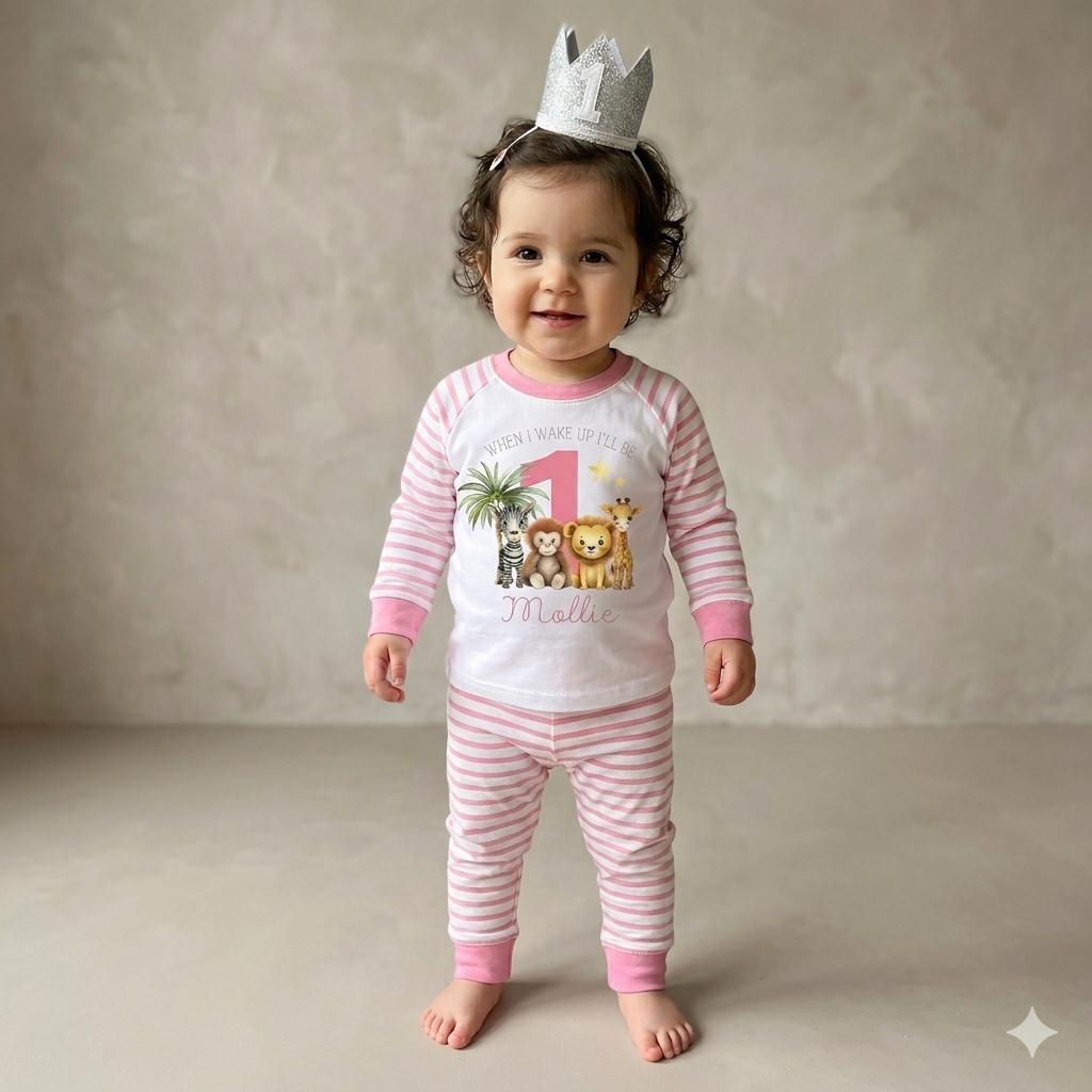 1st Birthday Pyjamas, Personalised Baby Pjs, Pink First Birthday Outfit, 12 month baby Girl, Cake smash outfit, Custom name pyjamas