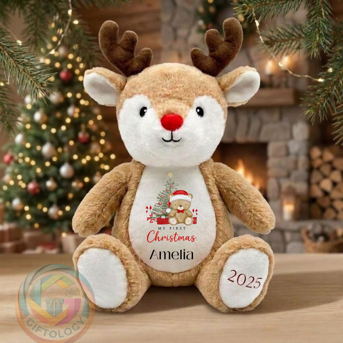 Personalised  1st Christmas Reindeer Teddy, Custom Name Christmas Plush Toy