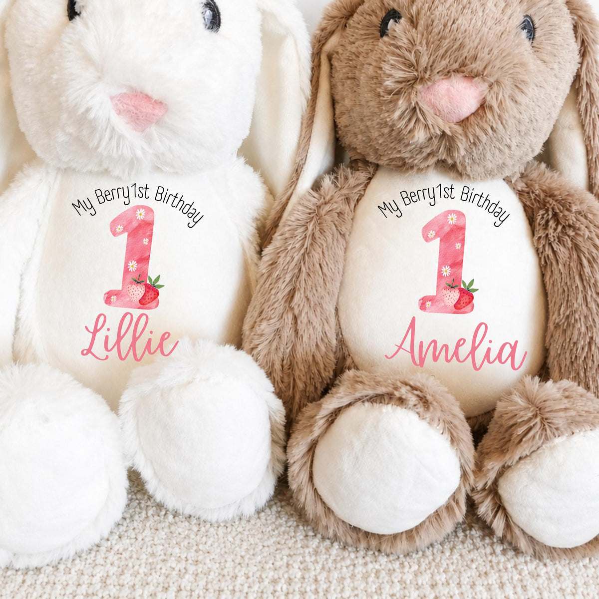 Personalised 1st Birthday Bunny, First Birthday Gift Teddy, Strawberry 1st Birthday Present, Personalised Berry 1st Birthday Girls Soft Toy