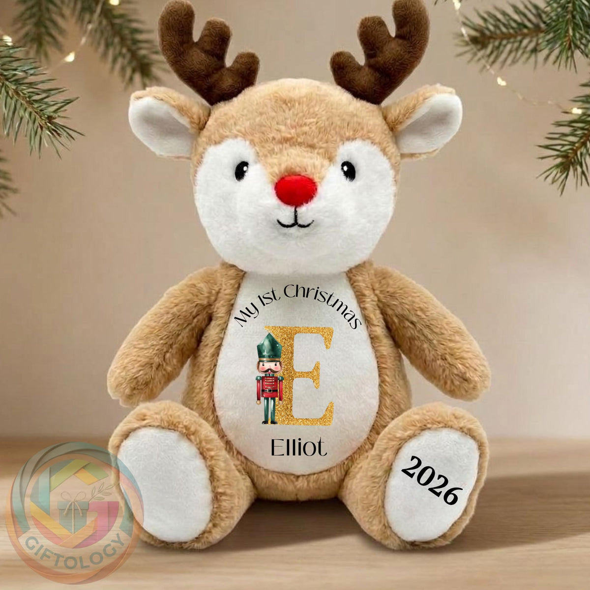 Personalised  Christmas Reindeer Teddy, Custom Name Christmas Plush Toy