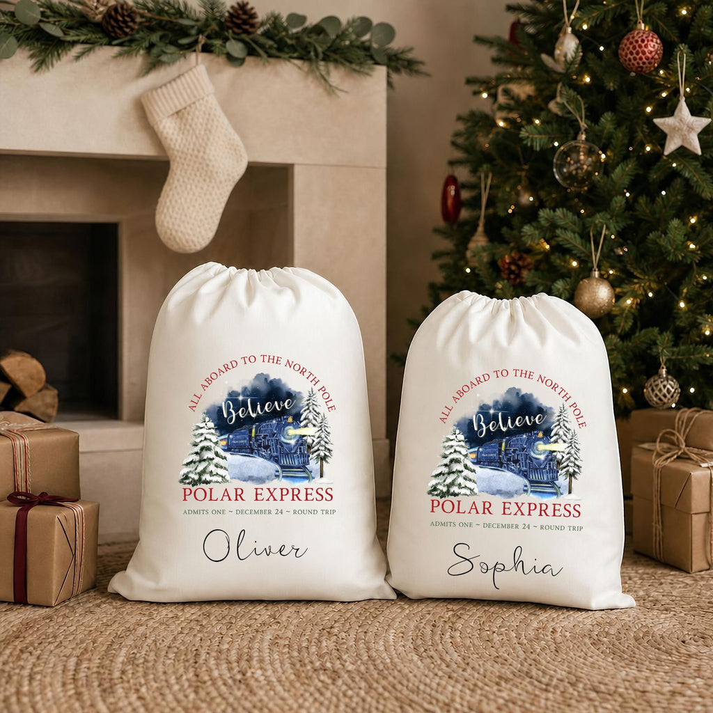Personalised Santa Sack, Polar Train Christmas, Present Sack, Christmas Sacks, Christmas Eve Box, First Christmas, Christmas Stocking