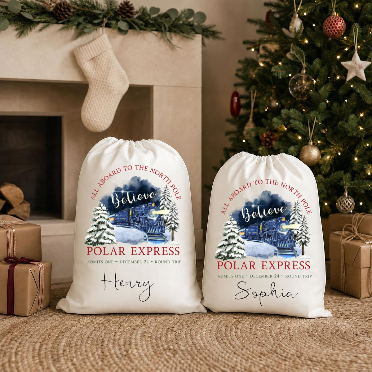 Personalised Santa Sack, Polar Train Christmas, Present Sack, Christmas Sacks, Christmas Eve Box, First Christmas, Christmas Stocking