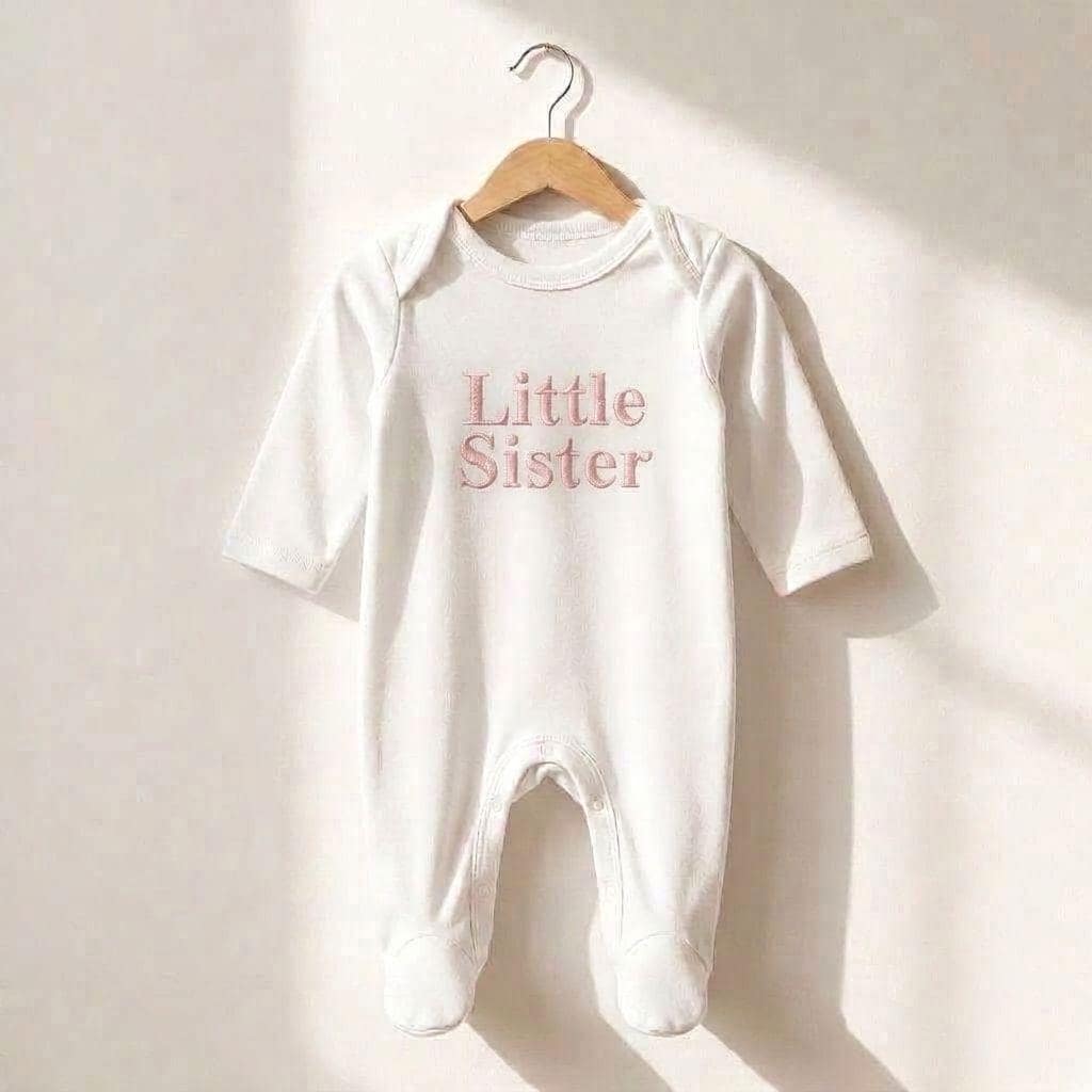 Embroidered Little Sister Sleepsuit: Cotton Babygrow