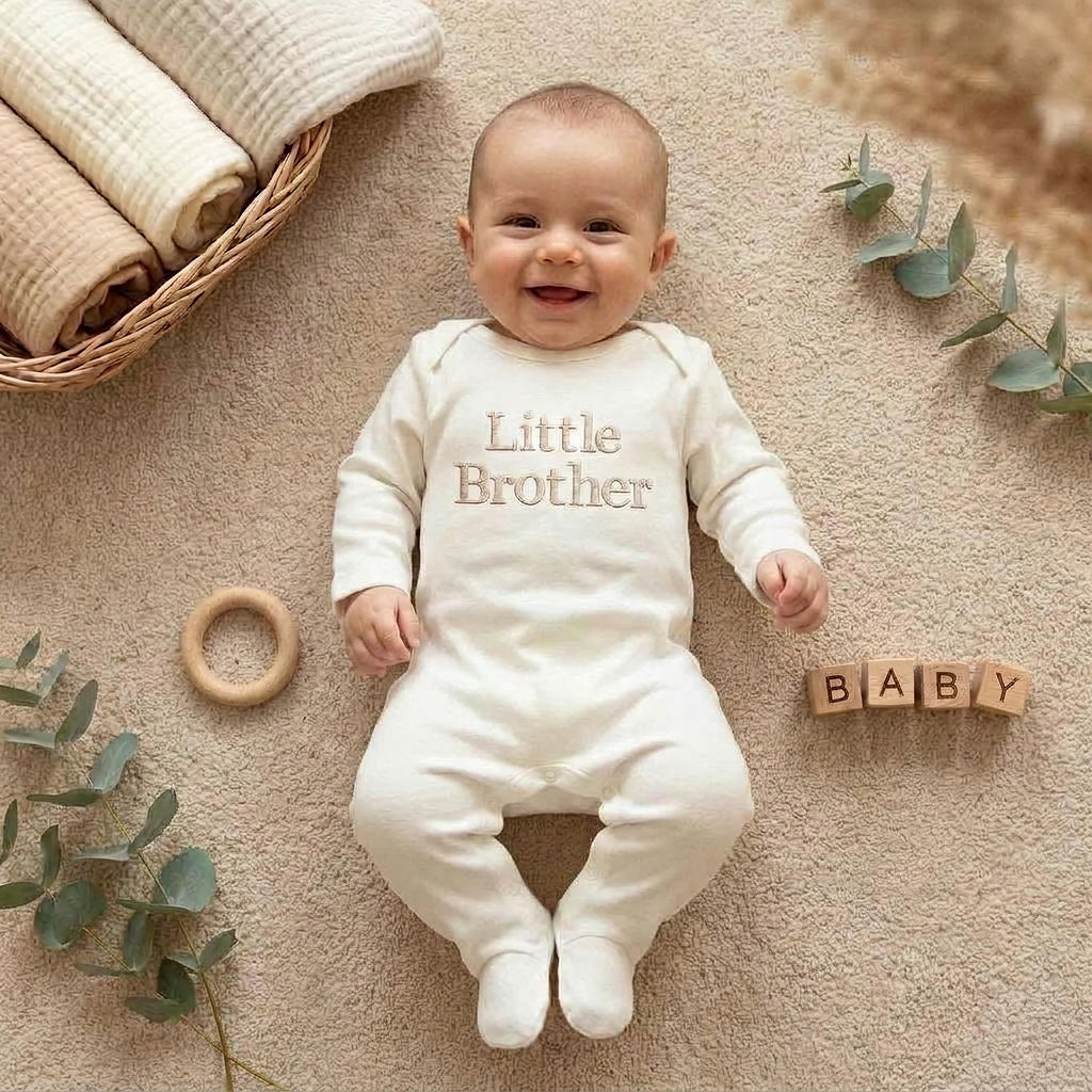 Embroidered Little Brother Sleepsuit: Cotton Babygrow