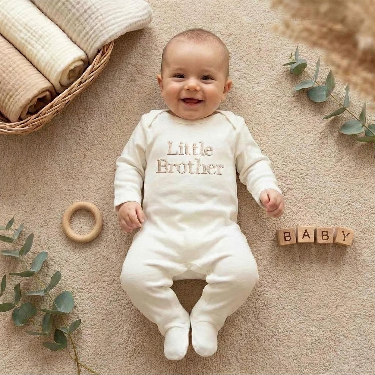 Embroidered Little Brother Sleepsuit: Cotton Babygrow