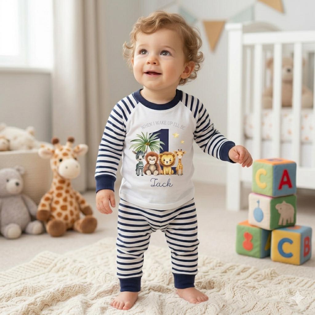 1st Birthday Pyjamas, Personalised Baby Pjs, Blue First Birthday Outfit, 12 month baby Boy, Cake smash outfit, Custom name pyjamas