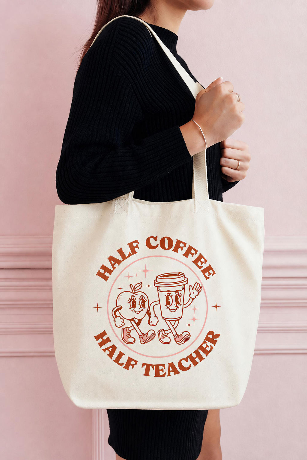 Half Coffee Half Teacher Tote Bag, Funny Teacher Gift, End of Term Teacher Present, Cute Teacher Tote, Teacher Appreciation Gift