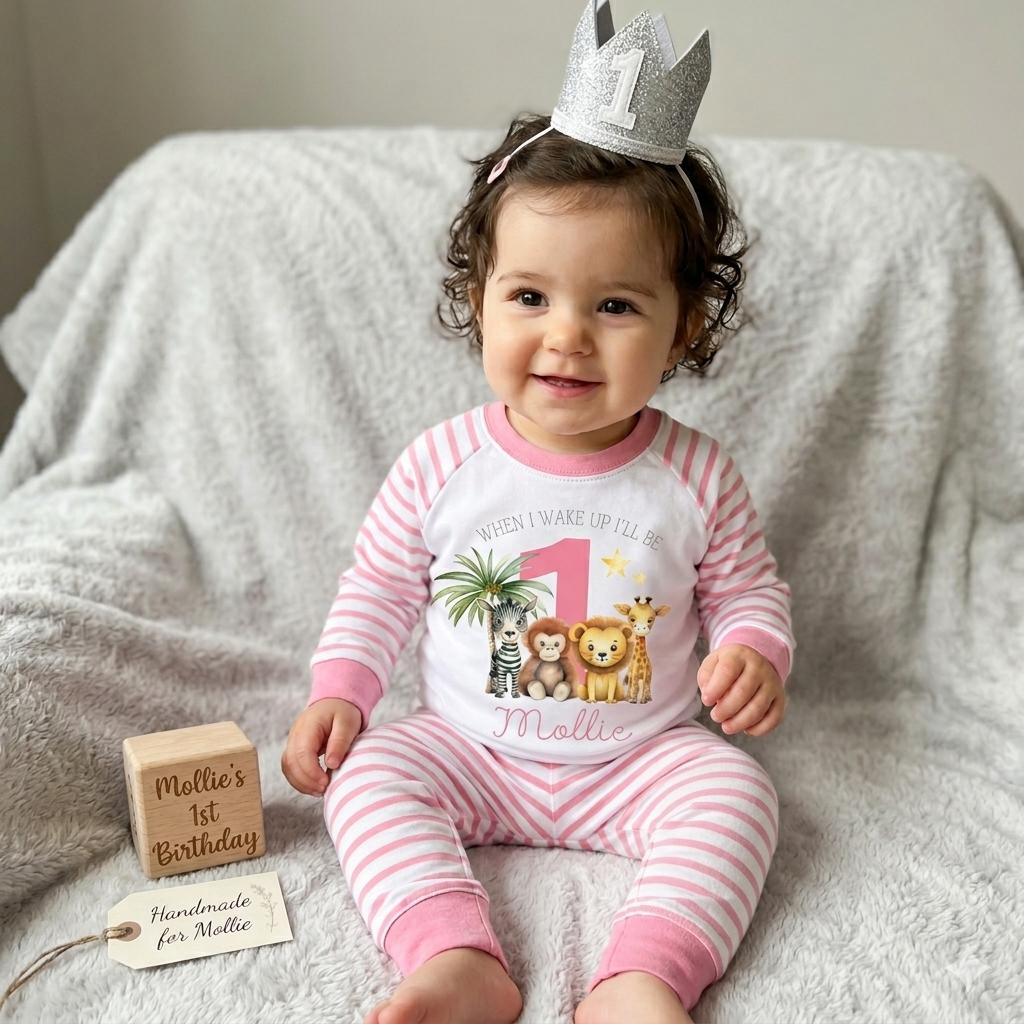 1st Birthday Pyjamas, Personalised Baby Pjs, Pink First Birthday Outfit, 12 month baby Girl, Cake smash outfit, Custom name pyjamas