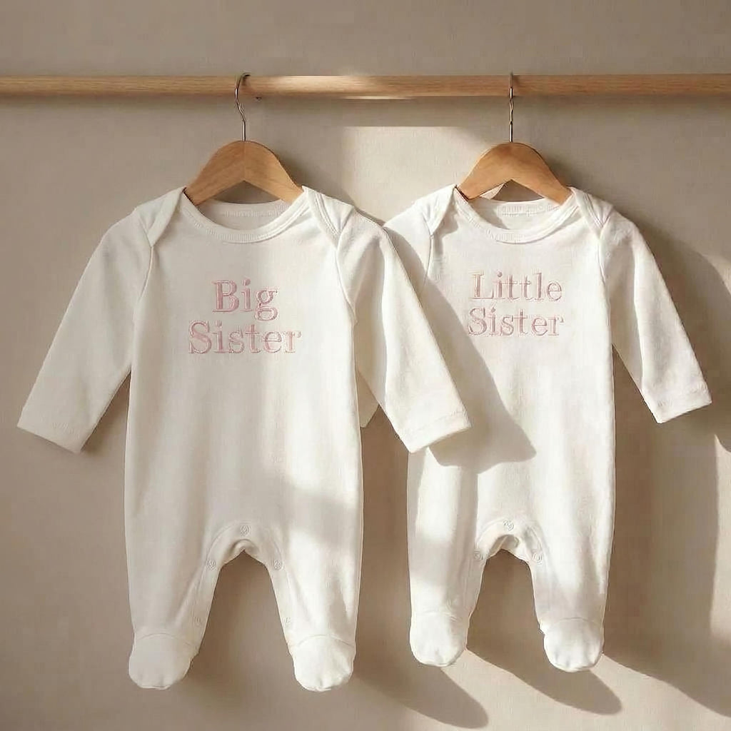 Embroidered Little Sister Sleepsuit: Cotton Babygrow