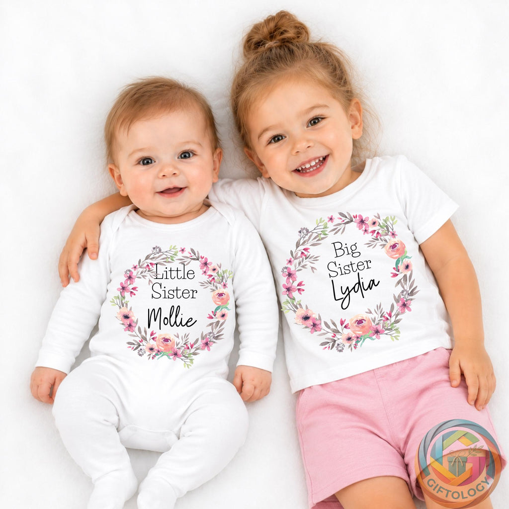 Personalised Big Sister and Little Sister T-shirt Babygrow, Siblings Outfit, Kids Personalised Tees, Matching Sister Gifts