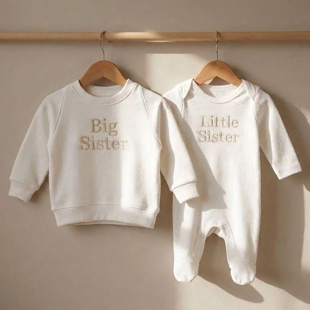 Embroidered Big Sister Sweatshirt & Little Sister Sleepsuit Matching Set