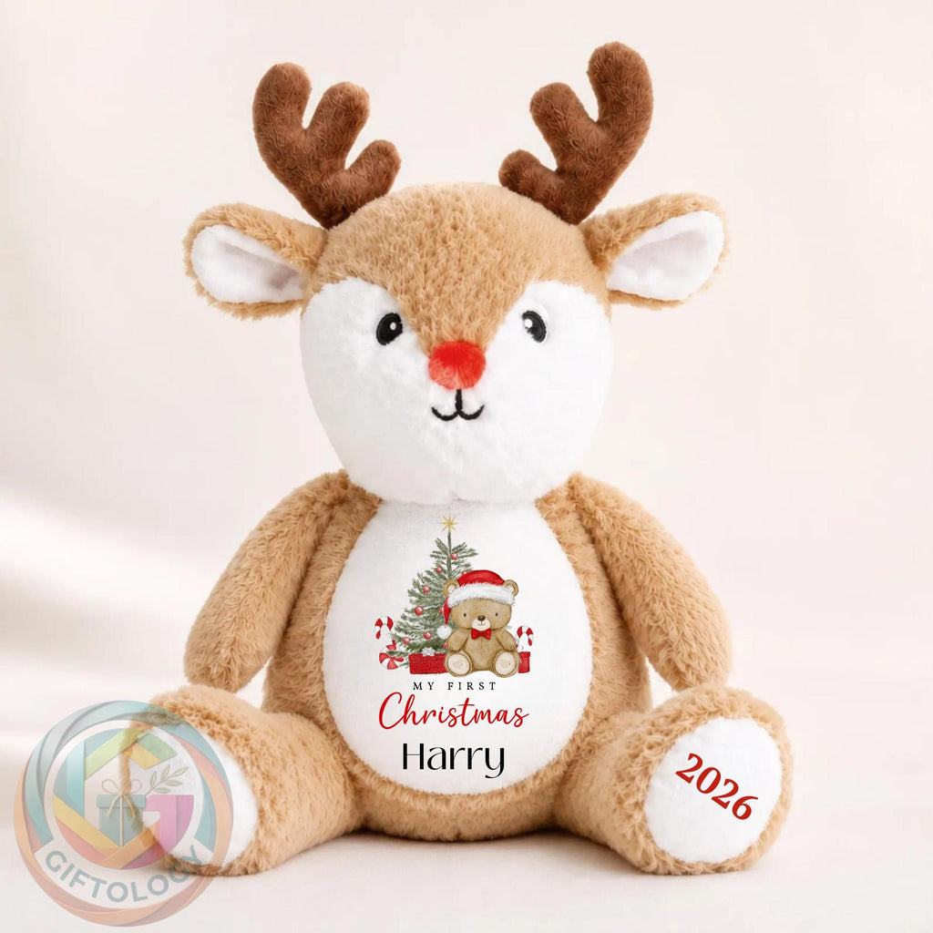 Personalised  1st Christmas Reindeer Teddy, Custom Name Christmas Plush Toy