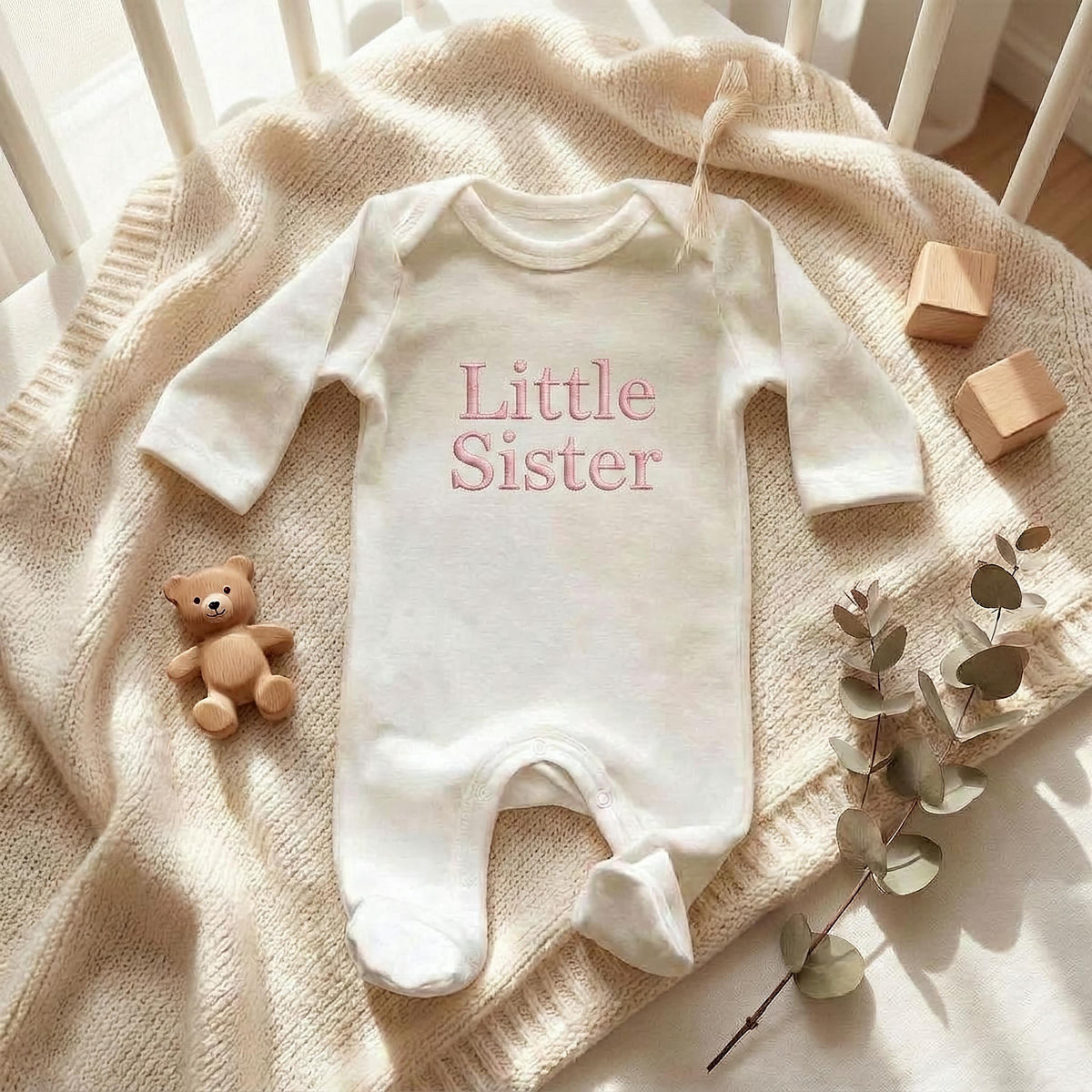 Embroidered Little Sister Sleepsuit: Cotton Babygrow