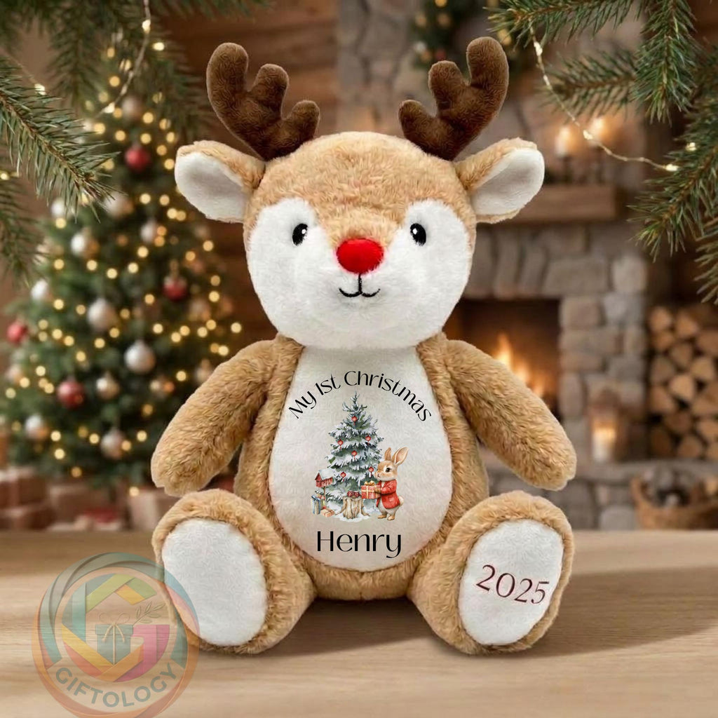 Personalised  1st Christmas Reindeer Teddy, Custom Name Christmas Plush Toy