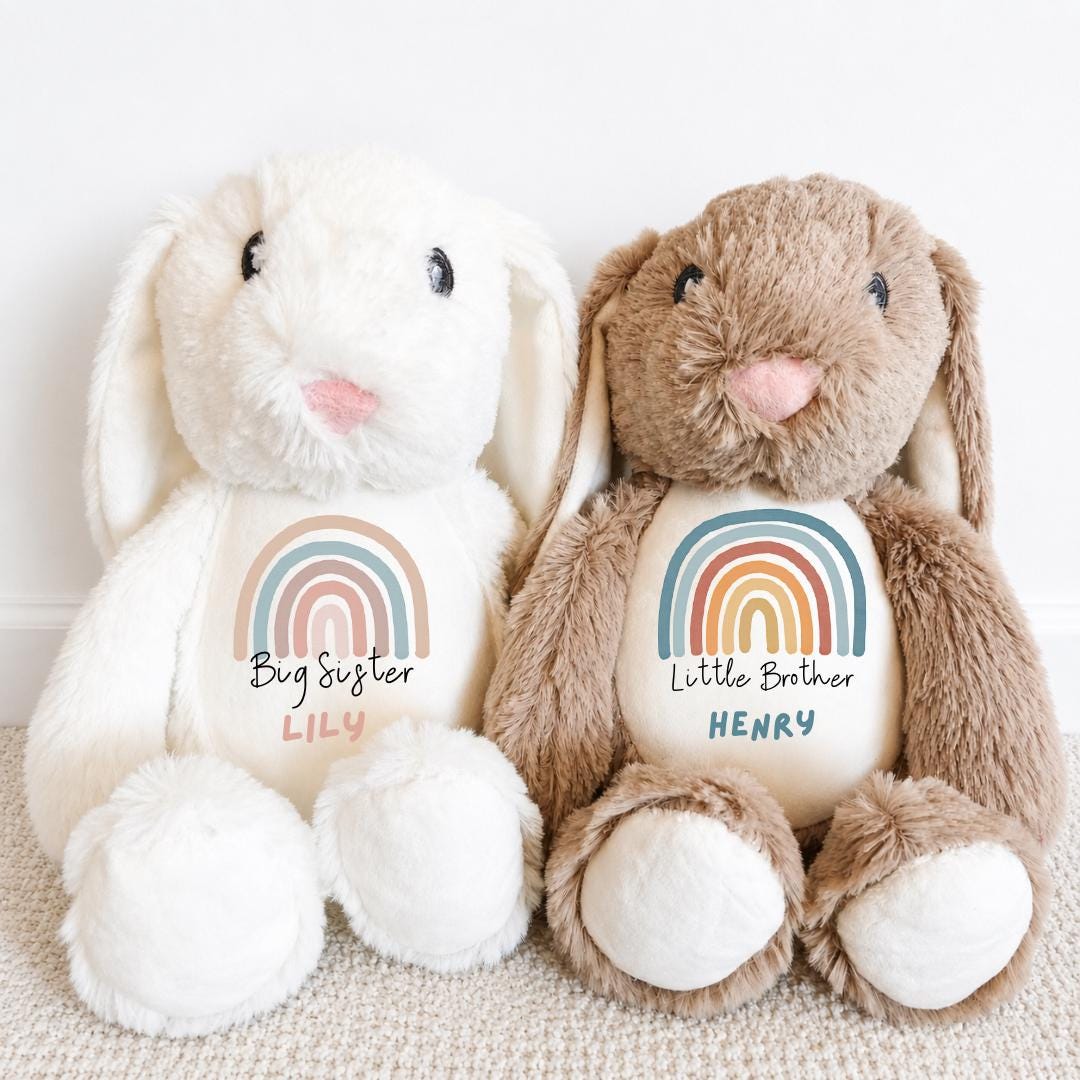 Personalised Bunny Plush Toy – Big Sister, Little Brother Announcement Keepsake