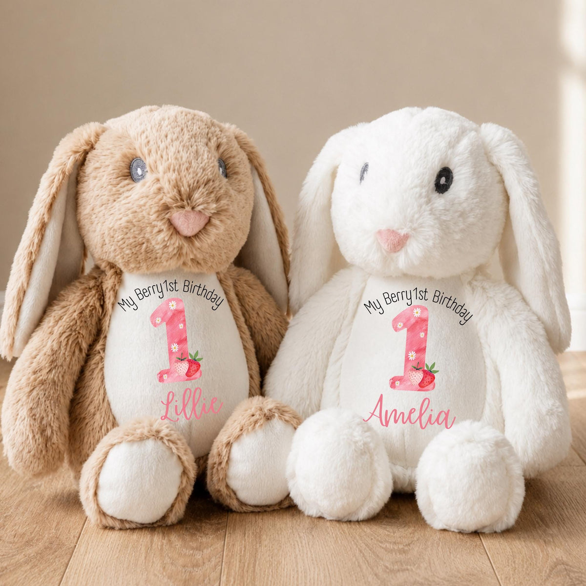Personalised 1st Birthday Bunny, First Birthday Gift Teddy, Strawberry 1st Birthday Present, Personalised Berry 1st Birthday Girls Soft Toy