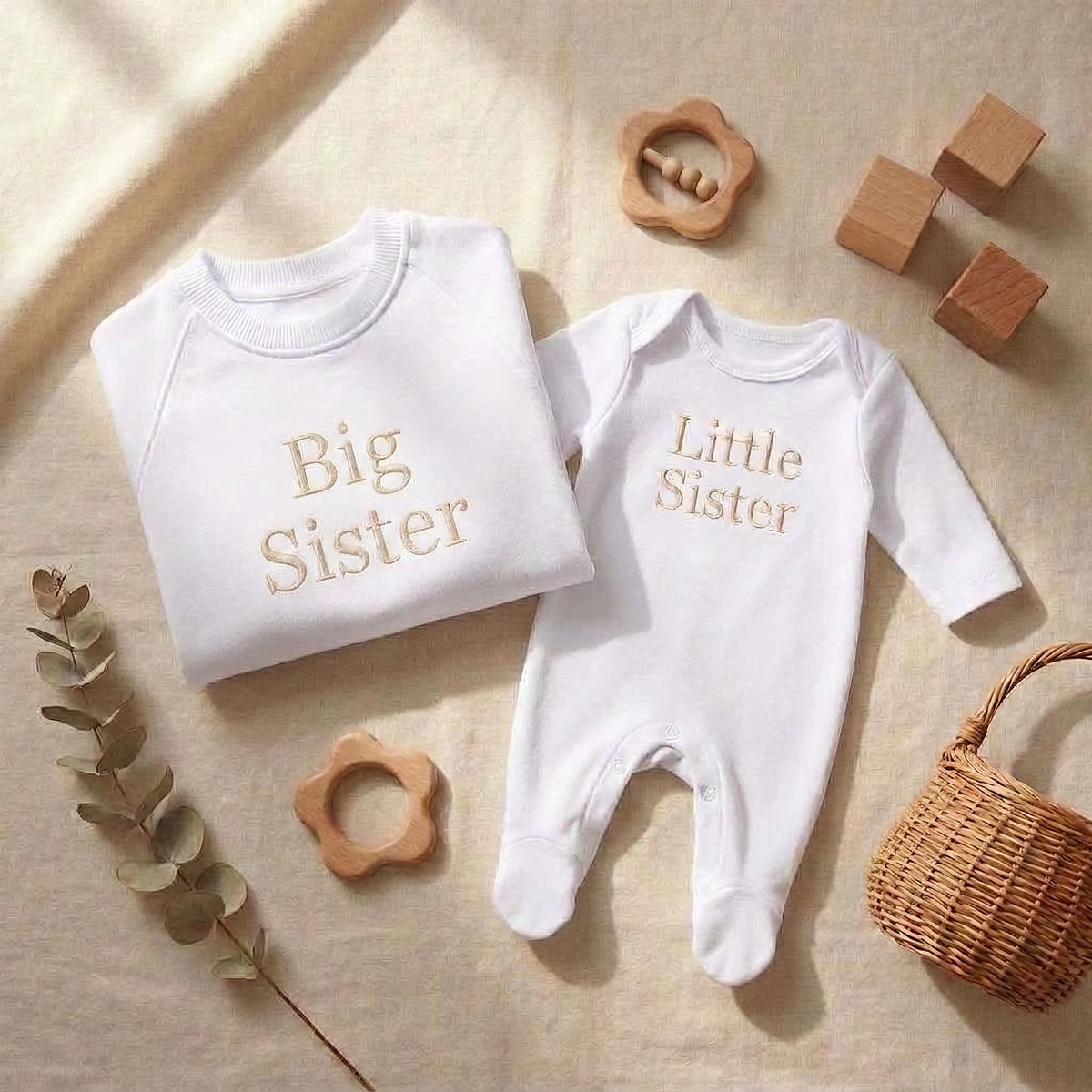 Embroidered Big Sister Sweatshirt & Little Sister Sleepsuit Matching Set