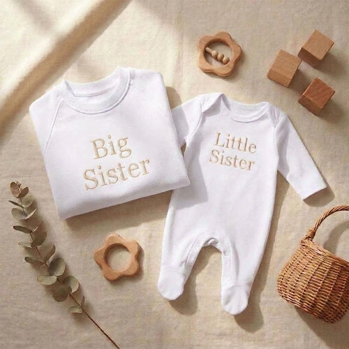 Embroidered Big Sister Sweatshirt & Little Sister Sleepsuit Matching Set