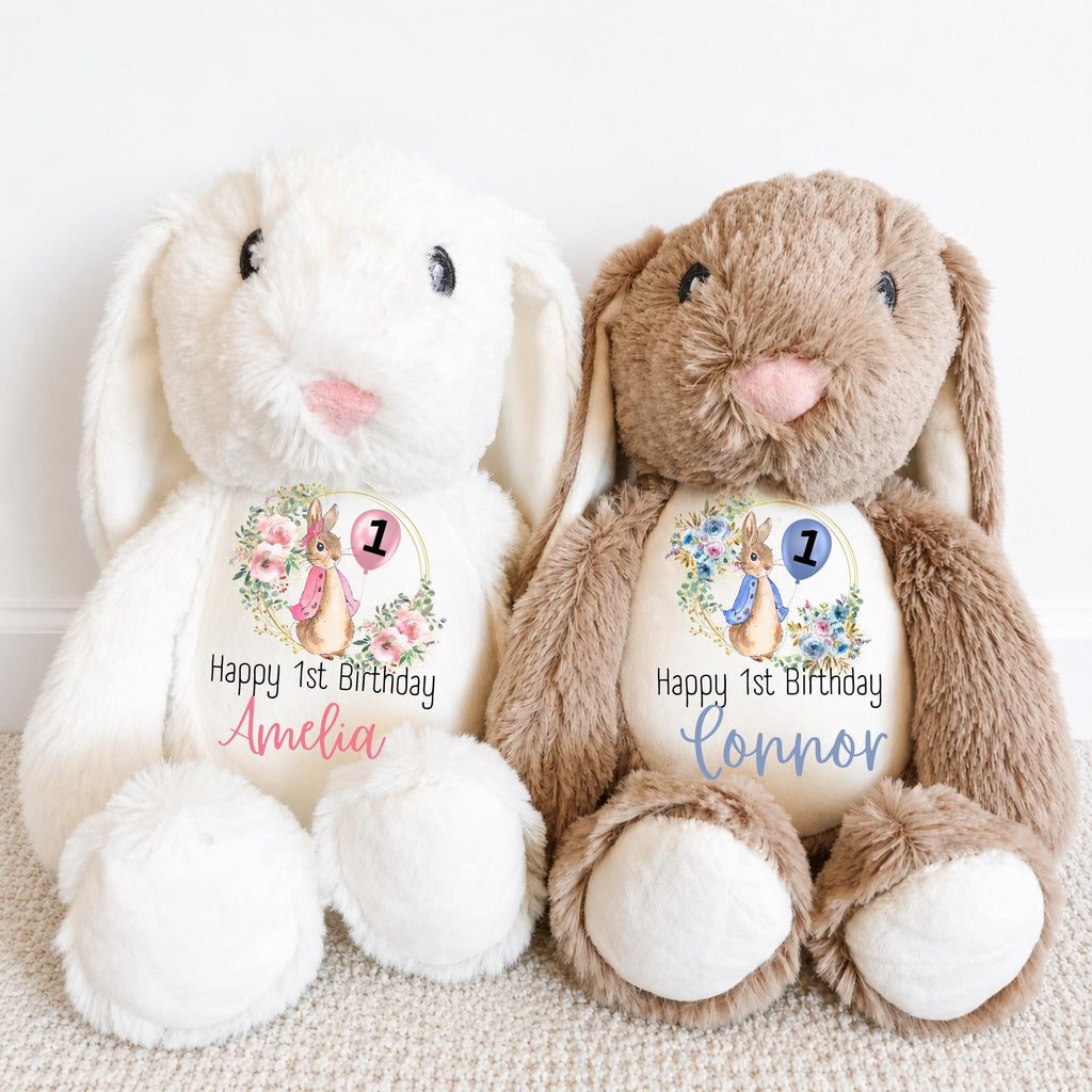 Personalised First Birthday Gift, 1st Birthday Custom Name Bunny Soft Toy Keepsake