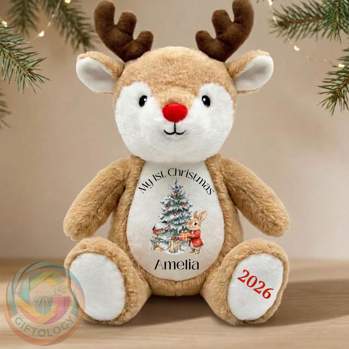 Personalised  1st Christmas Reindeer Teddy, Custom Name Christmas Plush Toy